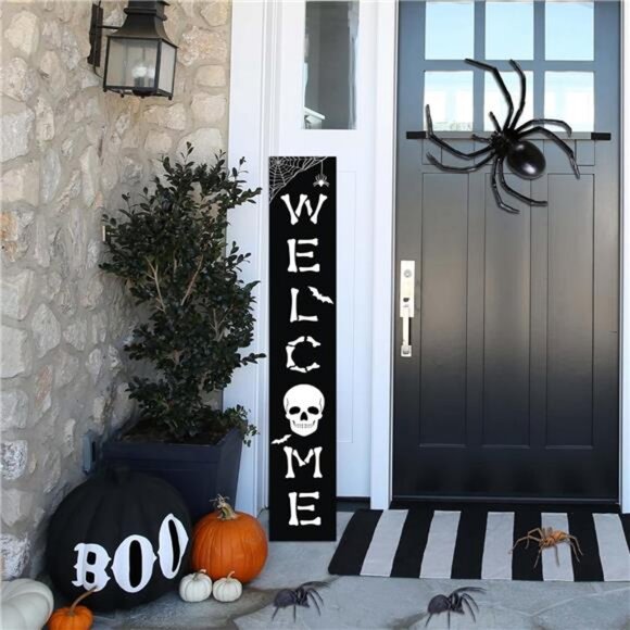 Halloween Welcome Sign Skull Front Door Hanging Decor Wooden Vertical Indoor - Picture 7 of 8